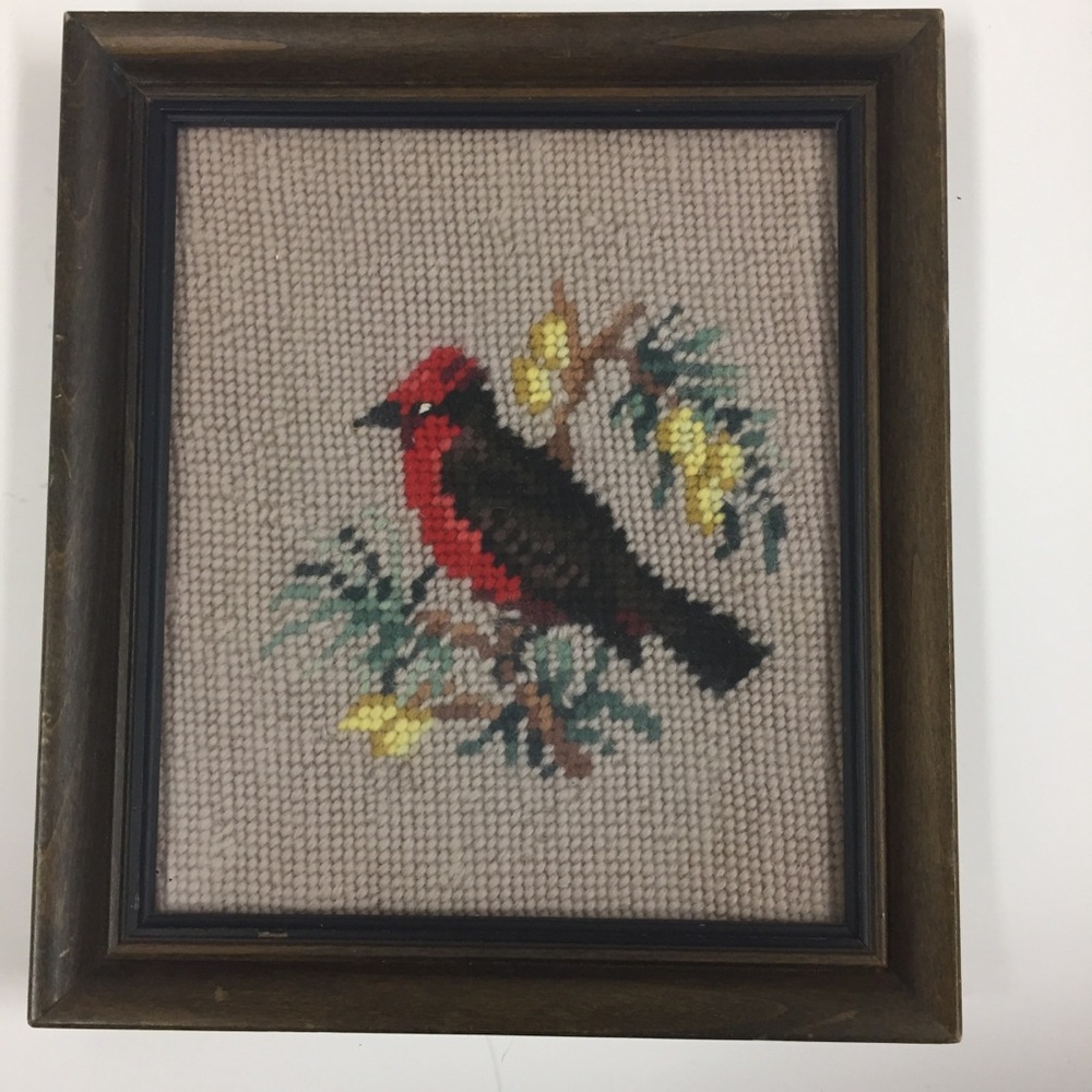 VTG 1965 Framed Needlepoint Red Bird Cardinal